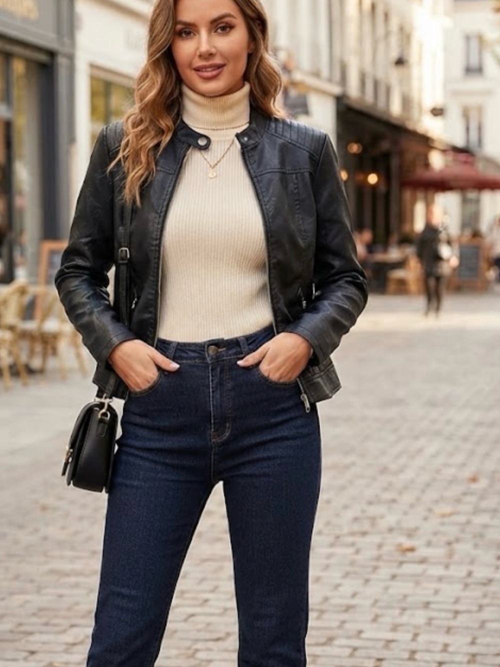 Women's Black Faux Leather Biker Jacket by